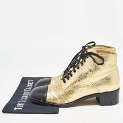 Chanel Gold/Black Crackled Leather Ankle Boots Size 40.5