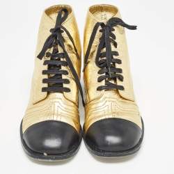 Chanel Gold/Black Crackled Leather Ankle Boots Size 40.5