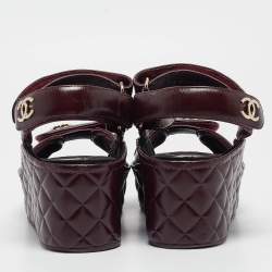 Chanel Burgundy Leather CC Quilted Wedge Platform Sandals Size 39