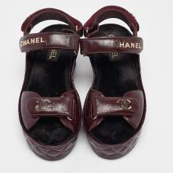 Chanel Burgundy Leather CC Quilted Wedge Platform Sandals Size 39