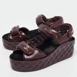 Chanel Burgundy Leather CC Quilted Wedge Platform Sandals Size 39