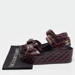 Chanel Burgundy Leather CC Quilted Wedge Platform Sandals Size 39