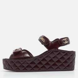 Chanel Burgundy Leather CC Quilted Wedge Platform Sandals Size 39