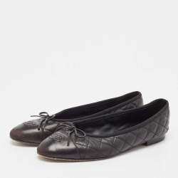 Pre Owned Chanel Black Quilted Leather CC Bow Ballet Flats Size 41