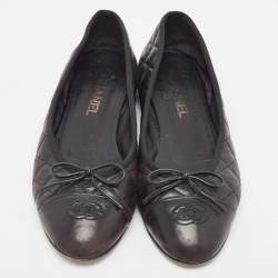 Pre Owned Chanel Black Quilted Leather CC Bow Ballet Flats Size 41