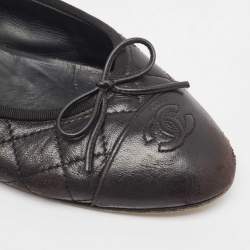 Pre Owned Chanel Black Quilted Leather CC Bow Ballet Flats Size 41