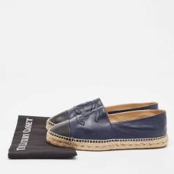 Pre Owned Chanel Navy Blue/Black Leather CC Espadrille Flats Size 42