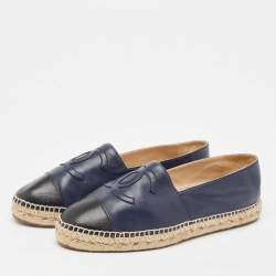 Pre Owned Chanel Navy Blue/Black Leather CC Espadrille Flats Size 42
