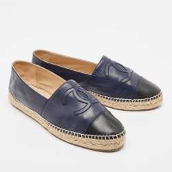 Pre Owned Chanel Navy Blue/Black Leather CC Espadrille Flats Size 42