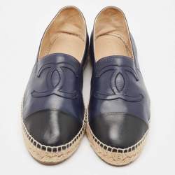 Pre Owned Chanel Navy Blue/Black Leather CC Espadrille Flats Size 42