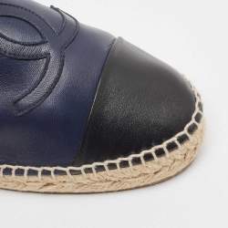 Pre Owned Chanel Navy Blue/Black Leather CC Espadrille Flats Size 42
