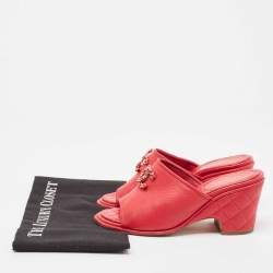 Chanel Red Leather CC Chain Details Quilted Block Heel Sandals Size 37