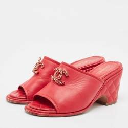 Chanel Red Leather CC Chain Details Quilted Block Heel Sandals Size 37