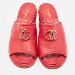 Chanel Red Leather CC Chain Details Quilted Block Heel Sandals Size 37