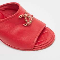 Chanel Red Leather CC Chain Details Quilted Block Heel Sandals Size 37
