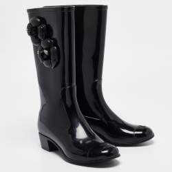 Chanel Black Rubber CC Camellia Rain Boots Size 38