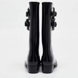 Chanel Black Rubber CC Camellia Rain Boots Size 38