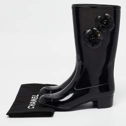 Chanel Black Rubber CC Camellia Rain Boots Size 38