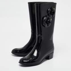 Chanel Black Rubber CC Camellia Rain Boots Size 38