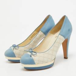 Pre Owned Chanel Blue/Cream Leather and Canvas CC Cap Toe Pumps  Size 38