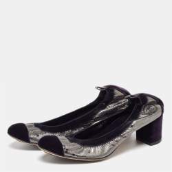 Chanel Silver/Purple Leather and Velvet CC Cap Toe Scrunch Block Heel Pumps Size 38.5