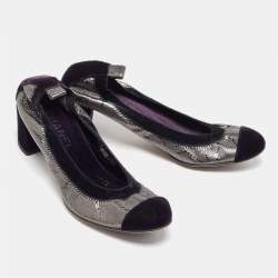 Chanel Silver/Purple Leather and Velvet CC Cap Toe Scrunch Block Heel Pumps Size 38.5