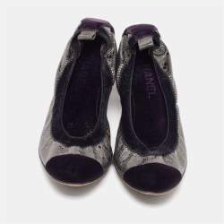 Chanel Silver/Purple Leather and Velvet CC Cap Toe Scrunch Block Heel Pumps Size 38.5