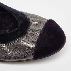 Chanel Silver/Purple Leather and Velvet CC Cap Toe Scrunch Block Heel Pumps Size 38.5