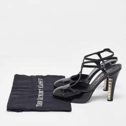 Chanel Black Patent Leather Pearl Embellished Heel T-Strap Sandals Size 39.5