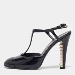 Chanel Black Patent Leather Pearl Embellished Heel T-Strap Sandals Size 39.5