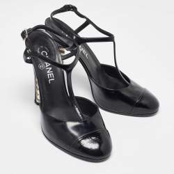 Chanel Black Patent Leather Pearl Embellished Heel T-Strap Sandals Size 39.5
