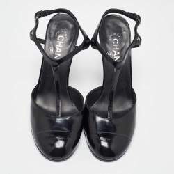 Chanel Black Patent Leather Pearl Embellished Heel T-Strap Sandals Size 39.5