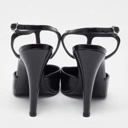 Chanel Black Patent Leather Pearl Embellished Heel T-Strap Sandals Size 39.5