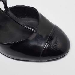 Chanel Black Patent Leather Pearl Embellished Heel T-Strap Sandals Size 39.5