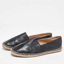 Pre Owned Chanel Black Leather CC  Cap Toe Espadrille Flats Size 39