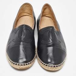 Pre Owned Chanel Black Leather CC  Cap Toe Espadrille Flats Size 39