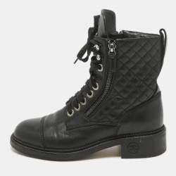 Pre Owned Chanel Black Leather Interlocking CC Logo Combat Boots Size 37