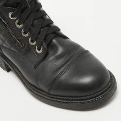 Pre Owned Chanel Black Leather Interlocking CC Logo Combat Boots Size 37