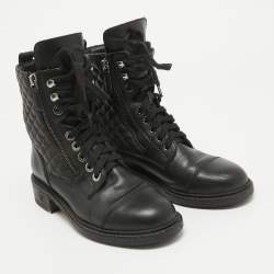Pre Owned Chanel Black Leather Interlocking CC Logo Combat Boots Size 37