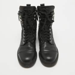 Pre Owned Chanel Black Leather Interlocking CC Logo Combat Boots Size 37