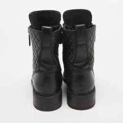 Pre Owned Chanel Black Leather Interlocking CC Logo Combat Boots Size 37