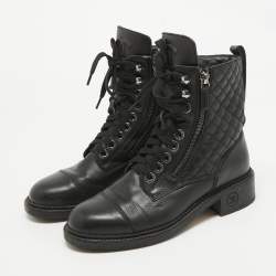 Pre Owned Chanel Black Leather Interlocking CC Logo Combat Boots Size 37