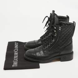 Pre Owned Chanel Black Leather Interlocking CC Logo Combat Boots Size 37
