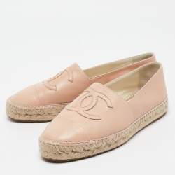 Pre Owned Chanel Pink Leather CC Cap Toe Espadrille Flats Size 38