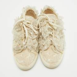 Chanel Cream Lace and Mesh Camelia Lace Up Sneakers Size 37