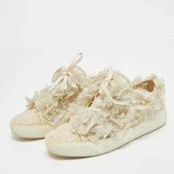 Chanel Cream Lace and Mesh Camelia Lace Up Sneakers Size 37