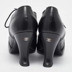 Chanel Black Brogue Leather CC Oxford Booties Size 38.5