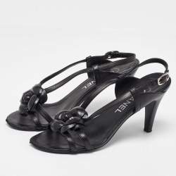 Chanel Black Leather CC Camelia Slingback Sandals Size 35.5