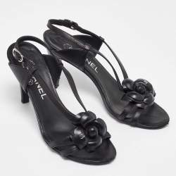 Chanel Black Leather CC Camelia Slingback Sandals Size 35.5