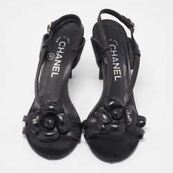 Chanel Black Leather CC Camelia Slingback Sandals Size 35.5